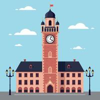 Historic clock tower in a charming town square with flat design art showcasing detailed architecture and a vibrant blue sky vector
