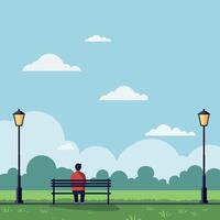 A solitary figure sitting on a park bench in a flat design style surrounded by lush greenery and soft clouds in art vector