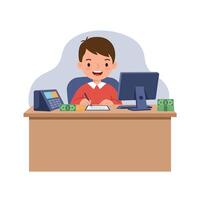 Young boy sitting at a desk in a flat design style, smiling while taking notes with a computer and money nearby, illustration vector