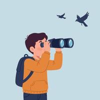 Young boy exploring nature with binoculars while observing birds in a flat design art vector