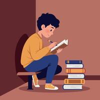 A young boy sitting on a wooden stool, focused on writing in a notebook, in a cozy, minimal setting, surrounded by stacked colorful books, illustration vector