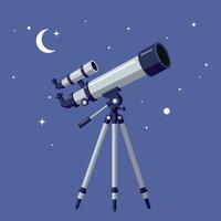 Telescope Under a Starry Sky with Crescent Moon in Detailed Art vector