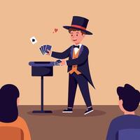 A young magician performing an engaging card trick in a vibrant flat illustration, captivating an audience with flair and excitement in a lively setting art vector