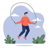 A young person joyfully skipping rope in a vibrant outdoor setting with greenery, showcasing a flat design style in art vector