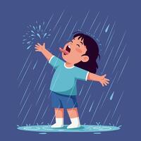 Joyful child playing in the rain, expressing happiness with arms wide open, flat art vector