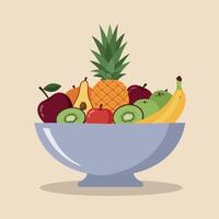 A beautifully arranged bowl of colorful fruits featuring pineapple, apples, bananas, and kiwis in a minimal illustration vector