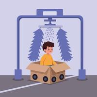 A cheerful boy sitting inside a cardboard box under a whimsical car wash with colorful brushes and water droplets in flat art vector