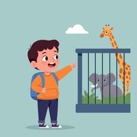 A cheerful boy pointing at a giraffe and elephant in a zoo enclosure, flat illustration depicting excitement and curiosity in a playful setting vector