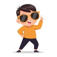 Cheerful young boy wearing stylish sunglasses, confidently posing with a playful expression in a minimal, vibrant design style, illustration vector