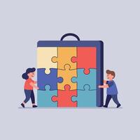 Two children collaborating on a colorful puzzle, showcasing teamwork and creativity in a flat illustration vector