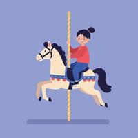 A joyful child riding a colorful carousel horse in a flat illustration, capturing the essence of fun and childhood wonder in an amusement park setting. vector