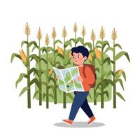 A boy exploring a cornfield while holding a map, depicted in a flat, colorful design style, showcasing playful curiosity in illustration vector