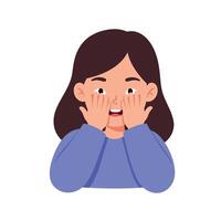 Excited girl with brown hair covering her face in delight, showcasing a flat design style, joyful expression, and playful atmosphere in illustration vector