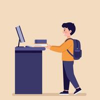 Young boy with backpack at a desk handing over books to a computer in a flat illustration vector