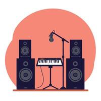 A modern music studio setup featuring speakers, microphone, and keyboard in a flat illustration with a vibrant background and creative ambiance for artistic expression vector