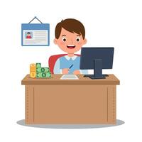 Cheerful young boy working at a desk with a computer and money, minimal illustration capturing a professional atmosphere vector