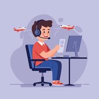 Young man wearing a headset working at a desk with a computer and phones, flat illustration of an aviation-themed call center scene vector