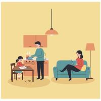 Family interaction in a cozy kitchen setting with flat design style showcasing daily activities in illustration vector