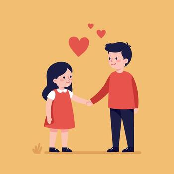 dos niños participación manos en un juguetón ajuste con corazones flotante encima ellos en un mínimo plano ilustración vector