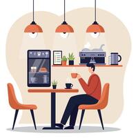 A man enjoying coffee in a cozy cafe setting with modern furnishings and warm lighting in flat art vector