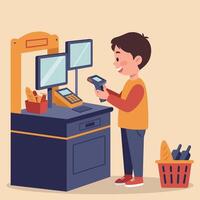 Young boy happily using a payment device at a modern checkout counter in a flat, cheerful illustration vector
