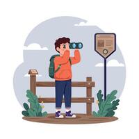 Young boy using binoculars to observe nature from a wooden lookout point in a flat illustration vector