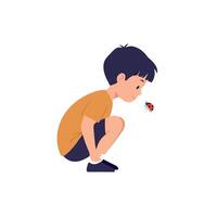 A curious boy observing a ladybug in a playful pose, minimal flat design illustration vector