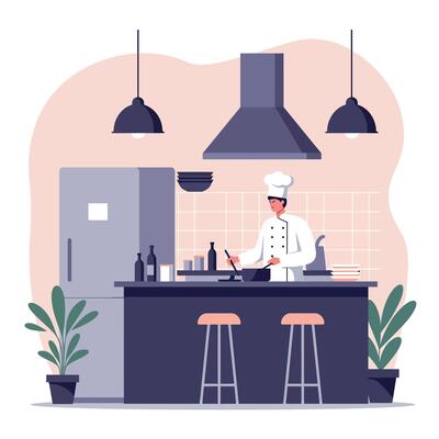 Chef preparing delicious dishes in a modern kitchen with minimal design elements, bright colors, and plants, showcasing culinary skills in vibrant art