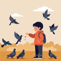 A young boy in an orange jacket feeding pigeons in a park setting, illustrated in a flat design art style, surrounded by playful birds and a warm atmosphere vector