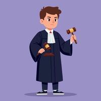 Young boy dressed as a judge holding a gavel in a playful courtroom setting, flat illustration vector