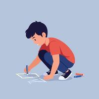 A young boy concentrating on drawing with colorful markers in a flat, minimal illustration showcasing creativity and focus in a serene setting vector