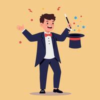 A cheerful magician in a tuxedo performing magic tricks with a top hat and wand in a playful, colorful flat illustration vector
