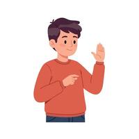 Young boy in a red sweater happily waving his hand with a friendly smile in a flat illustration vector