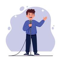 A young boy enthusiastically singing into a microphone on stage in a flat, colorful illustration with a joyful atmosphere vector