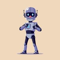 Friendly robot character in a minimal flat design, showcasing a confident pose and playful expression in vibrant colors, illustration vector