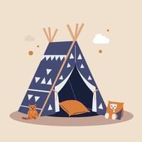 Cozy blue tent with playful animals, featuring a fox and a cat, in a whimsical flat illustration vector