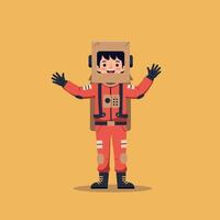 A cheerful child in a bright orange astronaut suit with a cardboard helmet, showcasing a playful demeanor in a flat illustration vector