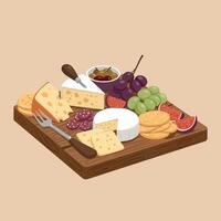 A colorful cheese platter featuring assorted cheeses, grapes, figs, and crackers in a minimal flat design art vector