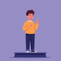Young boy standing confidently on a stage, gesturing passionately while delivering a speech in a flat illustration vector