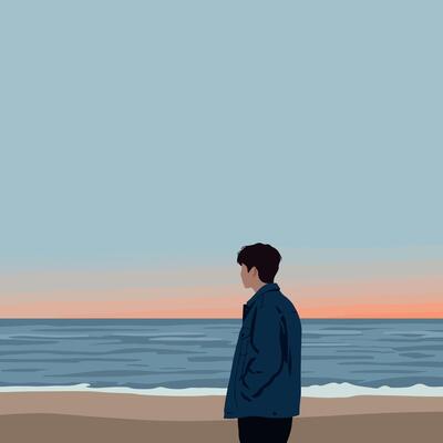 A man standing on a sandy beach gazing at the ocean waves during sunset in flat art