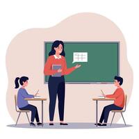 Engaging teacher guiding students in a classroom setting with a flat, colorful design in illustration vector