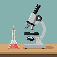 Laboratory microscope and beaker on a wooden table in a flat design illustration vector