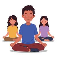 Three children meditating peacefully in a serene setting, featuring a flat and colorful design style, showcasing harmony and tranquility in art vector