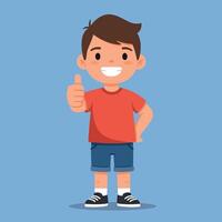 Happy boy giving a thumbs up in a flat design style with light blue background, cheerful expression, and playful pose, illustration vector