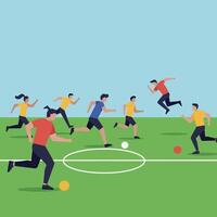 Dynamic soccer players in colorful uniforms running energetically on a green field, showcasing teamwork and enthusiasm in a flat illustration vector