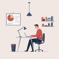A focused man working diligently at a modern desk with a laptop in a minimal style setting, showcasing productivity and organization in art vector