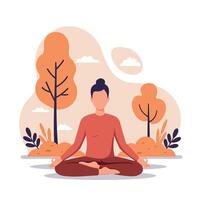 A serene figure meditating in a tranquil outdoor setting surrounded by stylized trees and plants in a flat illustration vector