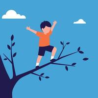 A young boy balancing confidently on a tree branch against a bright blue sky in minimal flat art vector
