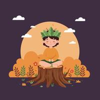 A peaceful child meditating on a tree stump wearing a leafy crown in a minimal, tranquil forest setting, surrounded by colorful flowers and a warm sunset, illustration vector