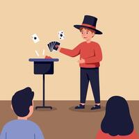 Young magician performing a card trick in a playful flat design style, captivating an audience with his skilled sleight of hand in this vibrant art vector